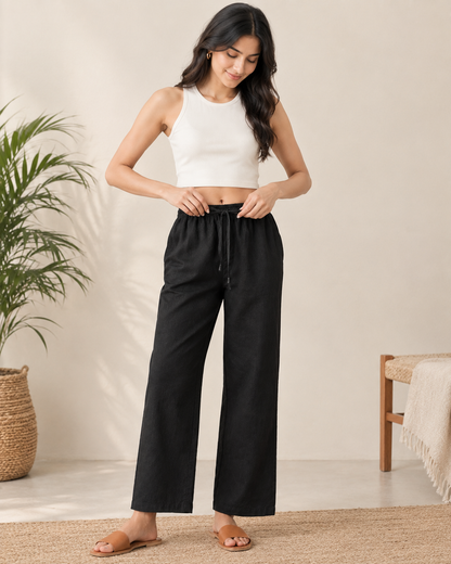 black Cotton Linen Straight Fit Pants with Elastic Waist & Pockets