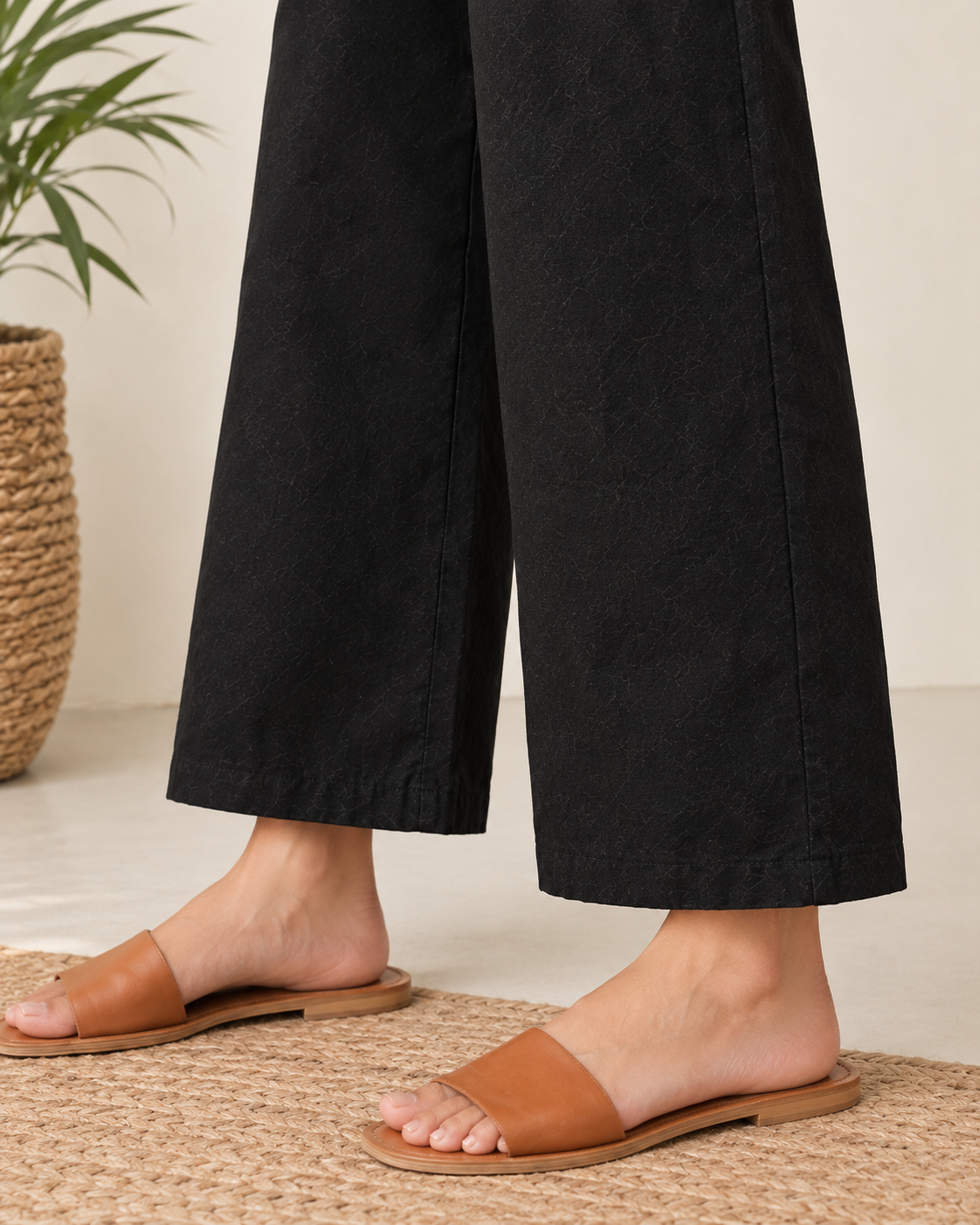 black Cotton Linen Straight Fit Pants with Elastic Waist & Pockets