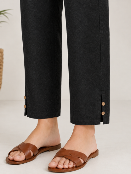 Black Cotton Linen Button-Slit Pants
