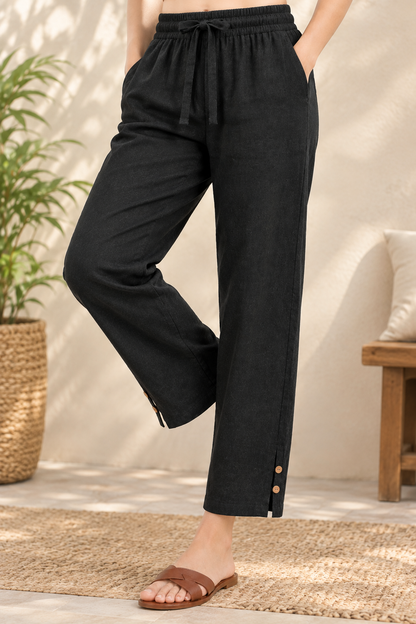 Black Cotton Linen Button-Slit Pants