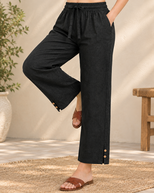 Black Cotton Linen Button-Slit Pants