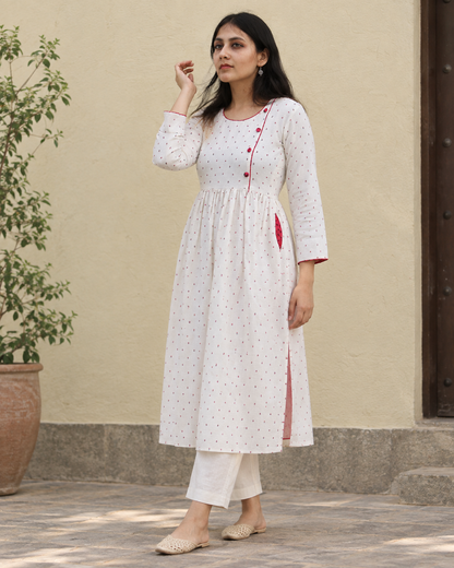 White Floral Cotton Mul-Mul Handprinted Dress for Women