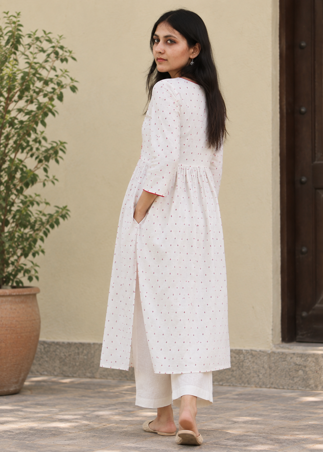 White Floral Cotton Mul-Mul Handprinted Dress for Women