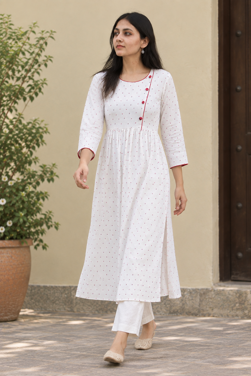 White Floral Cotton Mul-Mul Handprinted Dress for Women