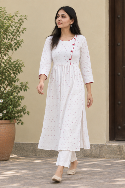 White Floral Cotton Mul-Mul Handprinted Dress for Women
