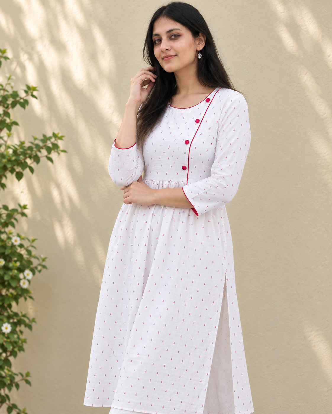 White Floral Cotton Mul-Mul Handprinted Dress for Women