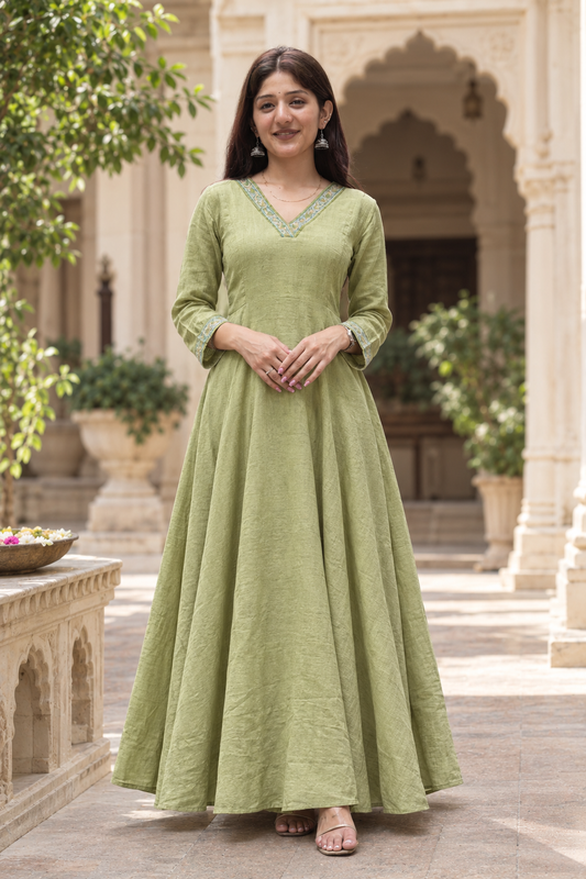 Green Handcrafted Khadi Cotton Flared Ankle-Length Dress