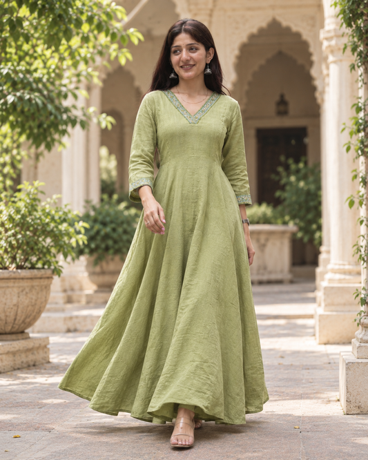Green Handcrafted Khadi Cotton Flared Ankle-Length Dress