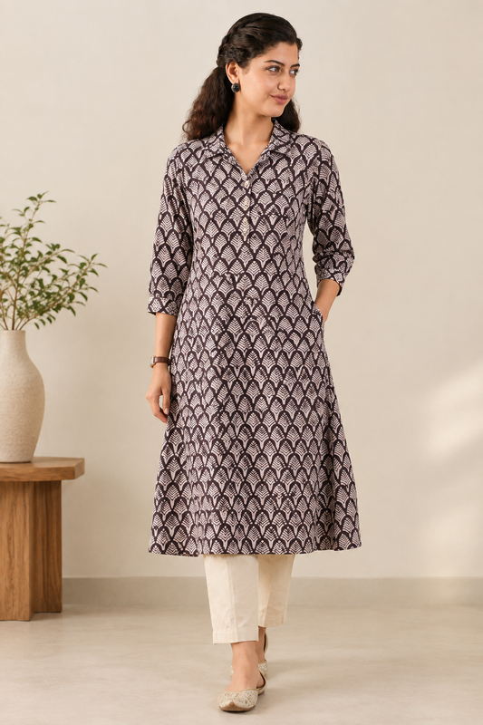 Black & White Bagh Handprinted Cotton Collar Neck Straight Kurta