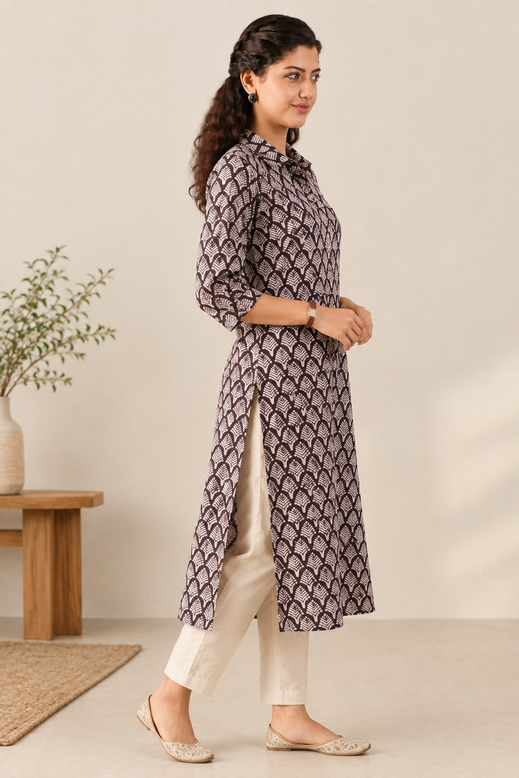 Black & White Bagh Handprinted Cotton Collar Neck Straight Kurta