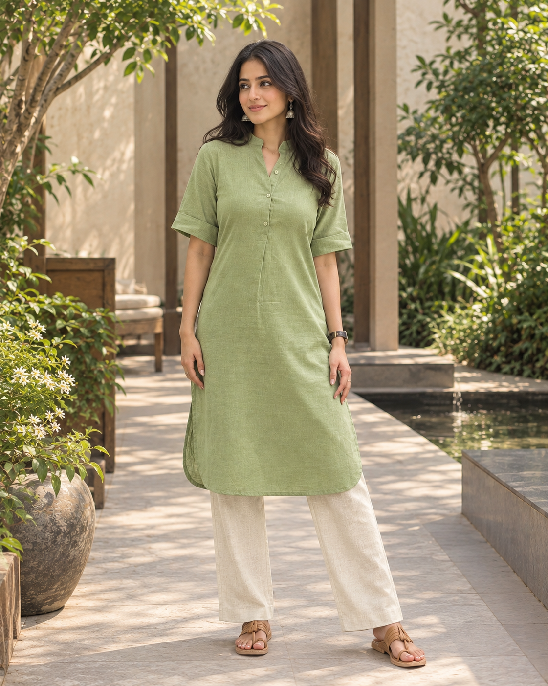 Khadi Green Kurta & Ivory Cotton-Linen Pant Set