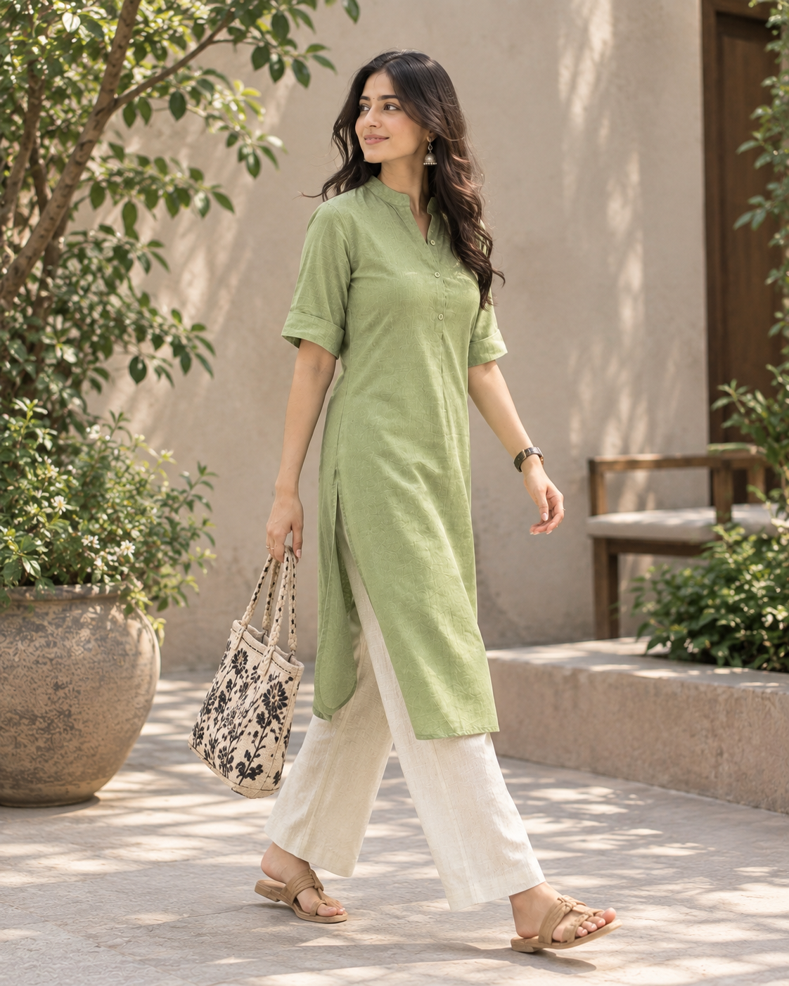 Khadi Green Kurta & Ivory Cotton-Linen Pant Set