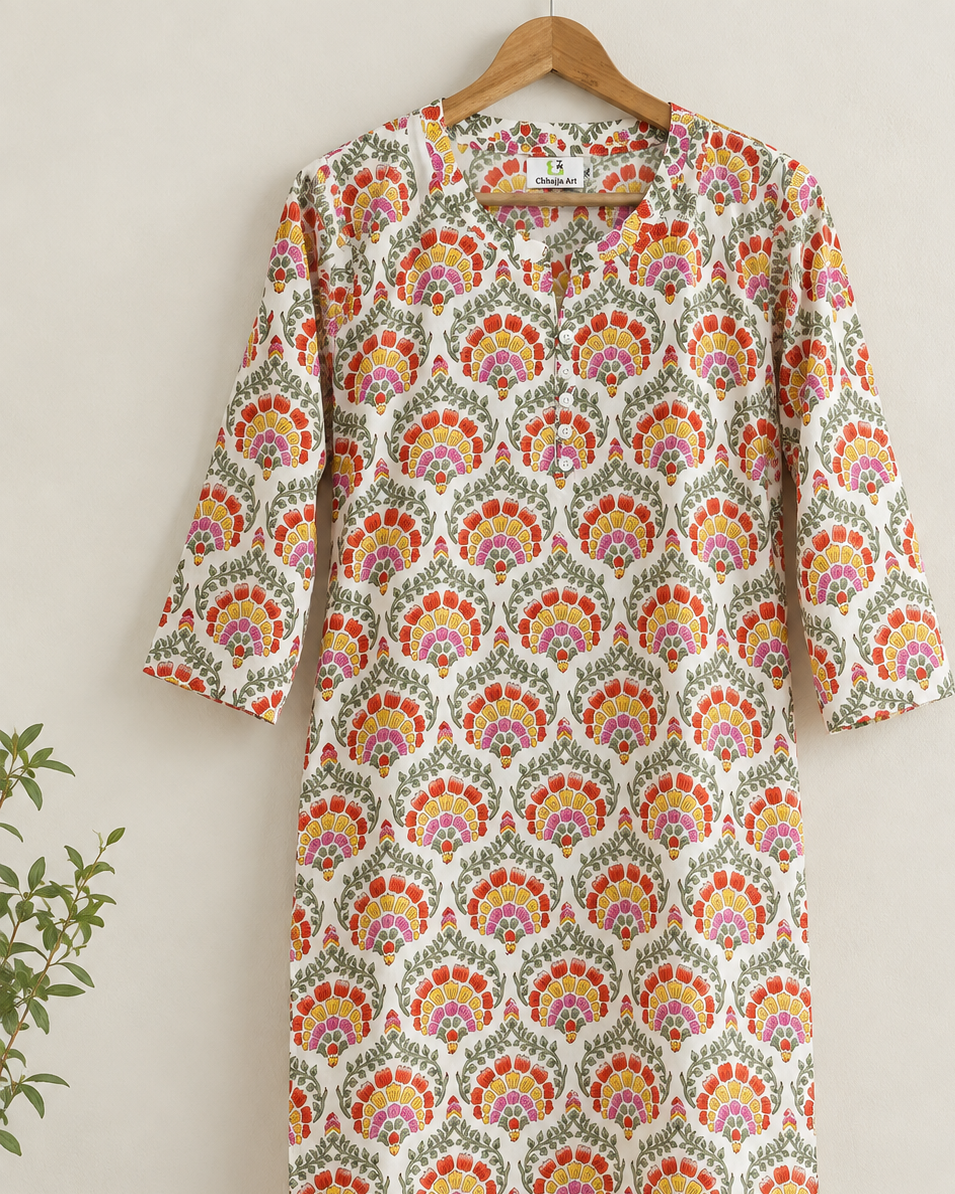 Ivory Bloom Hand Printed Cotton Kurta