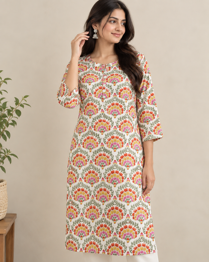 Ivory Bloom Hand Printed Cotton Kurta