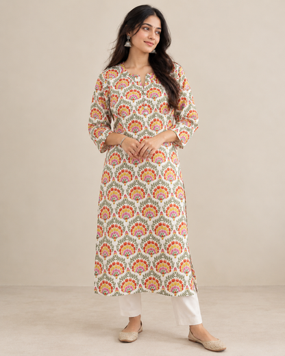 Ivory Bloom Hand Printed Cotton Kurta