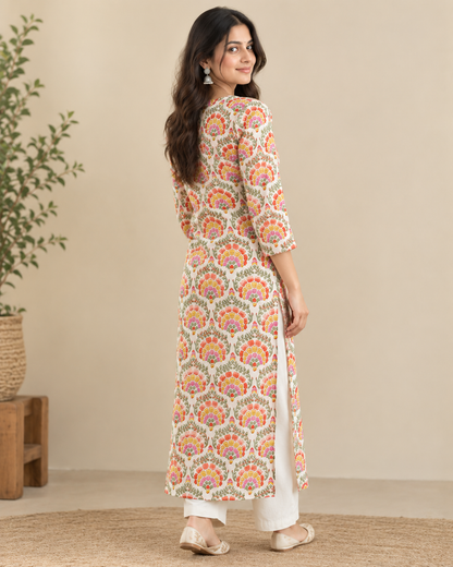 Ivory Bloom Hand Printed Cotton Kurta