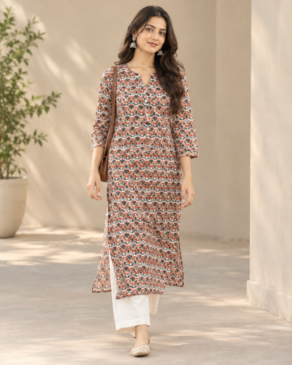 Sanganeri Hand Block Printed Cotton A-Line Kurta for Women