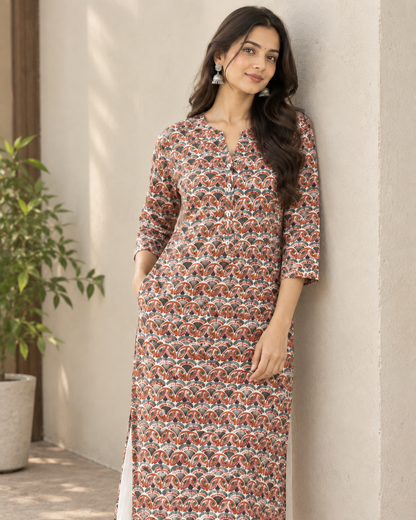 Sanganeri Hand Block Printed Cotton A-Line Kurta for Women