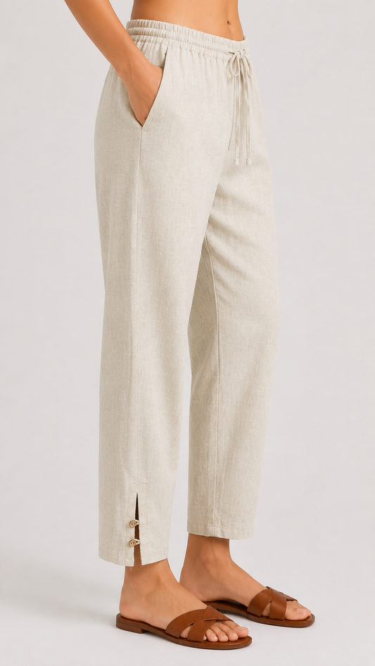 Beige Linen Button-Slit Pants