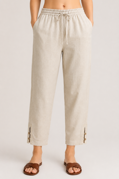 Beige Linen Button-Slit Pants