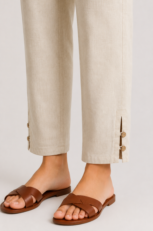 Beige Linen Button-Slit Pants