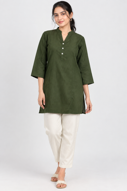 Lilen Short Kurta with Kurta Patti & Shell Buttons