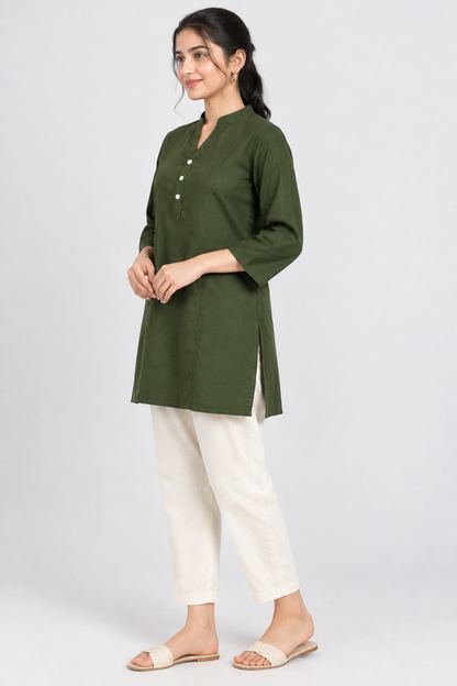 Lilen Short Kurta with Kurta Patti & Shell Buttons