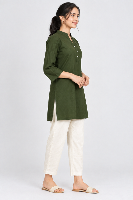 Lilen Short Kurta with Kurta Patti & Shell Buttons