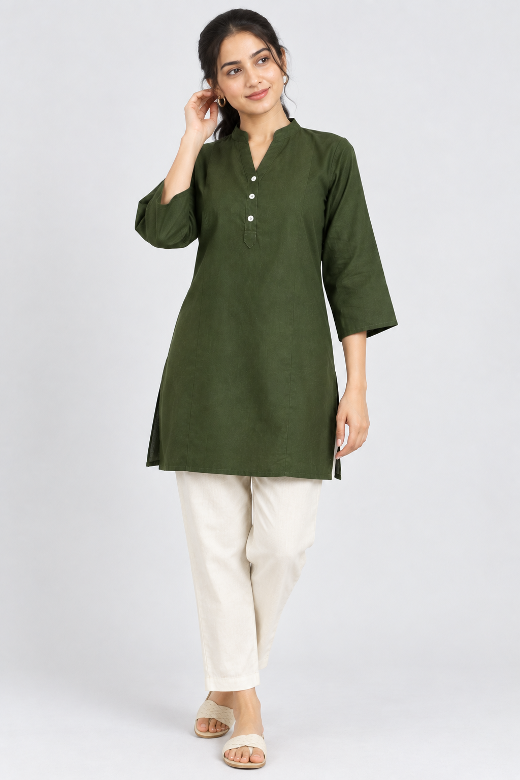 Lilen Short Kurta with Kurta Patti & Shell Buttons