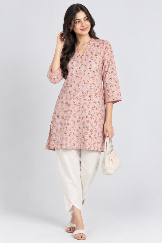 Pink Floral Handblock Printed Cotton Kurta – V Neck, 3/4 Sleeves