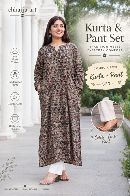 Black floral print Kalamkari Kurta & pant set