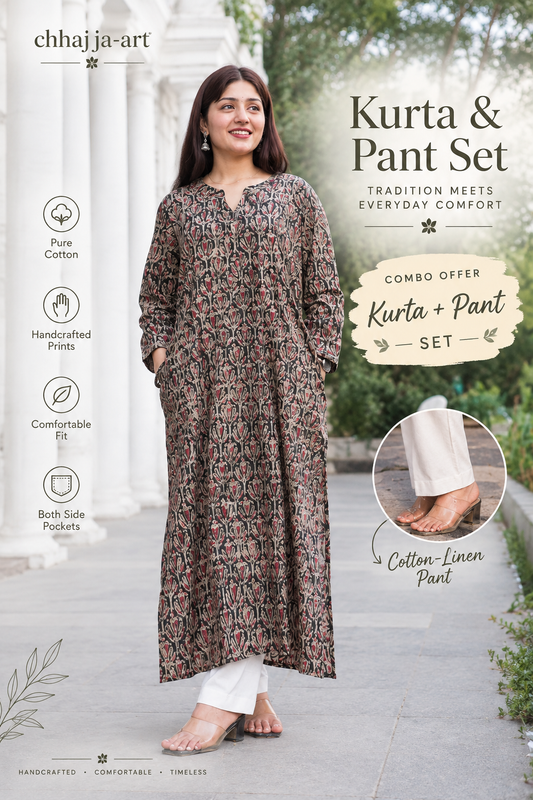 Black floral print Kalamkari Kurta & pant set