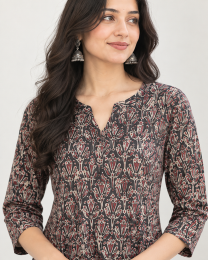 Black Handprinted Kalamkari Cotton Calf-Length Dress