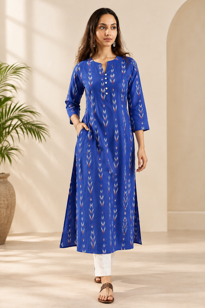 Neel Tara Handwoven Ikat A Line Kurta- both side pocket