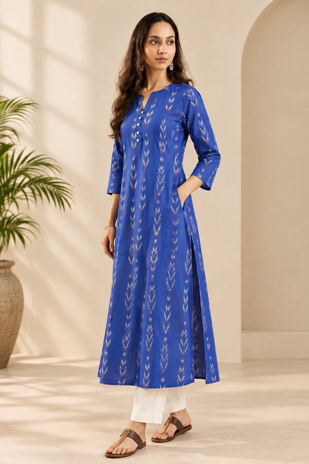 Neel Tara Handwoven Ikat A Line Kurta- both side pocket