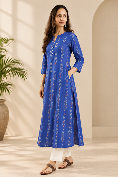 Neel Tara Handwoven Ikat A Line Kurta- both side pocket