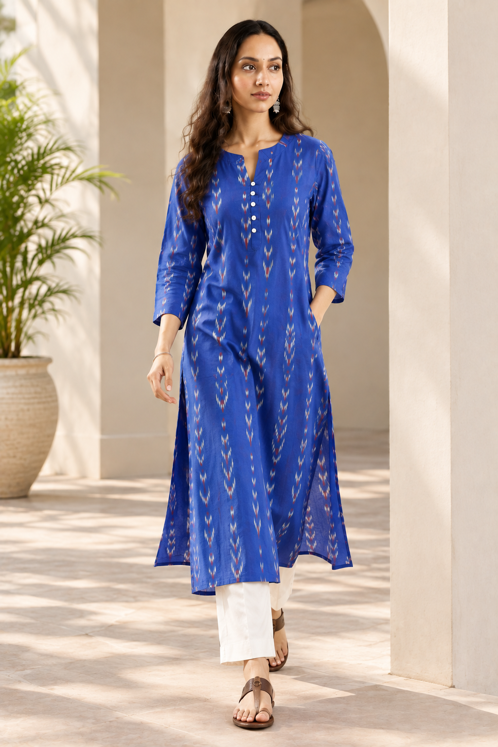 Neel Tara Handwoven Ikat A Line Kurta- both side pocket