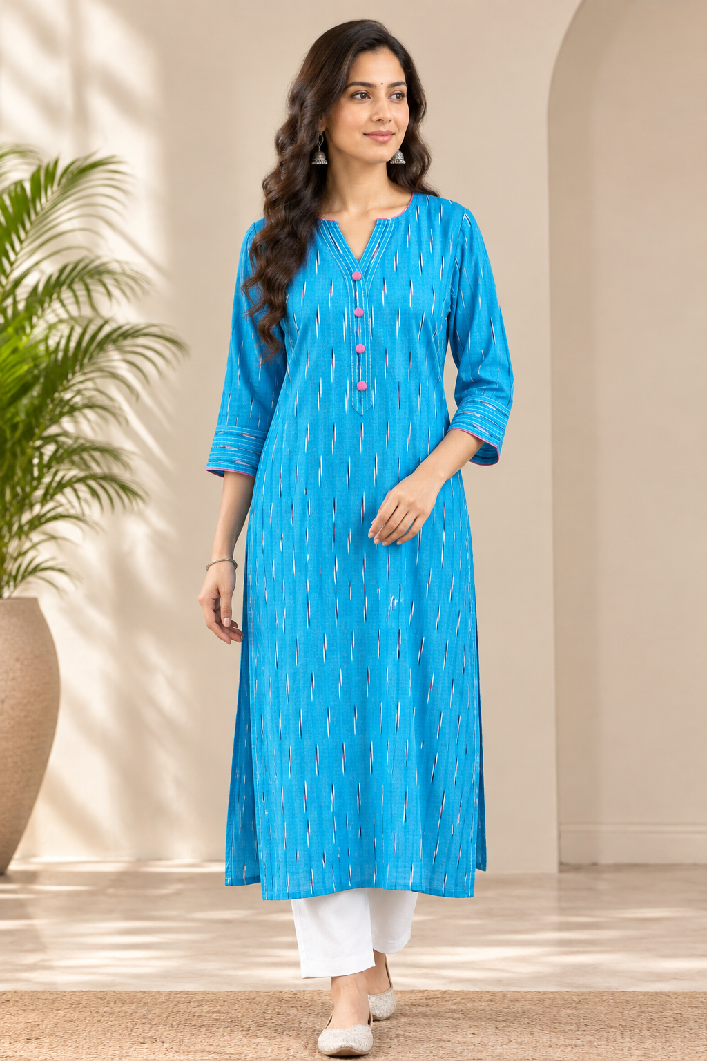 Sky Blue Handwoven Ikat A-Line Cotton Kurta with Thread Work