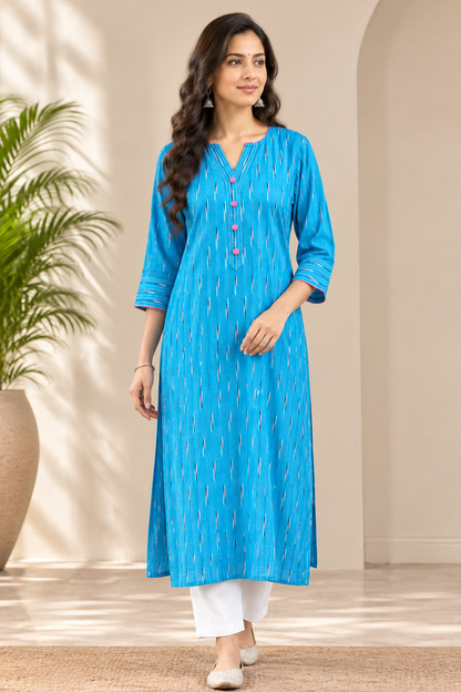 Sky Blue Handwoven Ikat A-Line Cotton Kurta with Thread Work