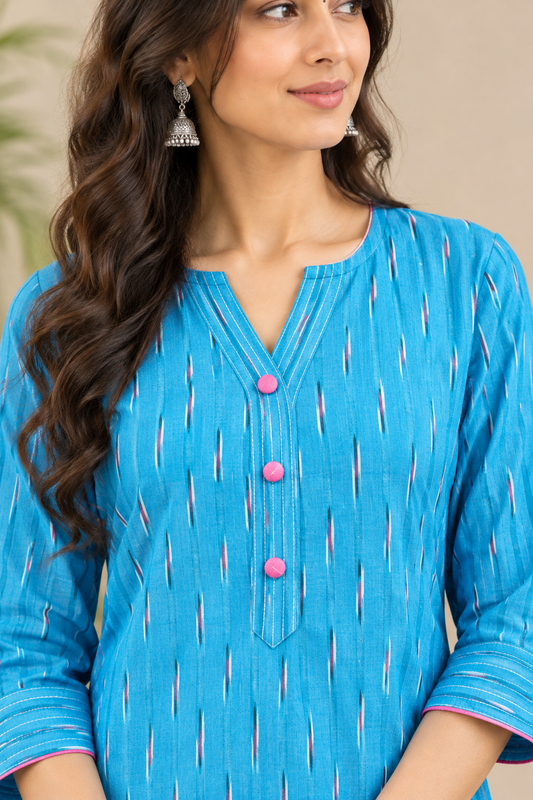 Sky Blue Handwoven Ikat A-Line Cotton Kurta with Thread Work