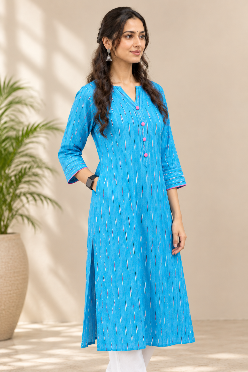 Sky Blue Handwoven Ikat A-Line Cotton Kurta with Thread Work