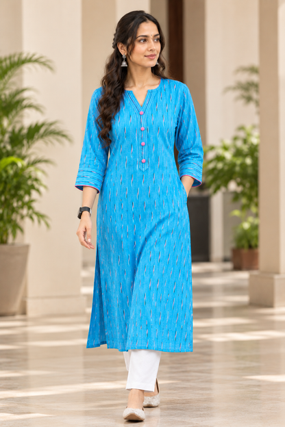 Sky Blue Handwoven Ikat A-Line Cotton Kurta with Thread Work