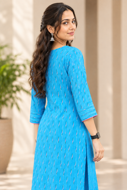 Sky Blue Handwoven Ikat A-Line Cotton Kurta with Thread Work