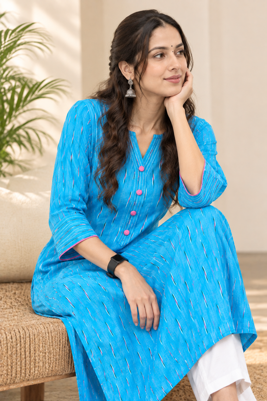 Sky Blue Handwoven Ikat A-Line Cotton Kurta with Thread Work