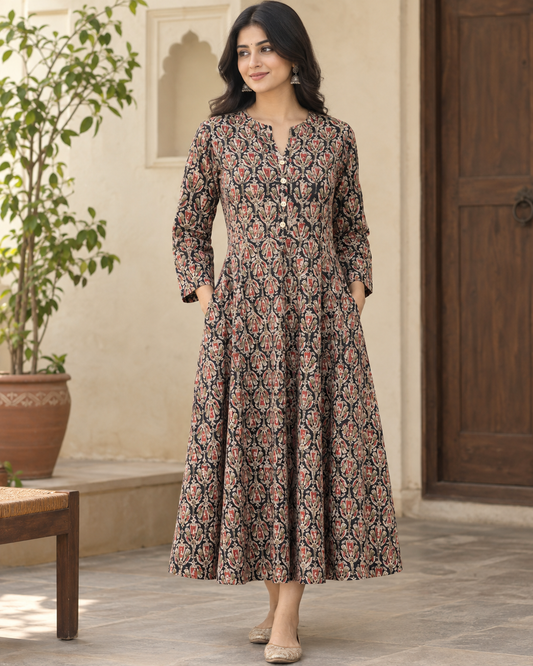 Black Handprinted Kalamkari Cotton Calf-Length Dress