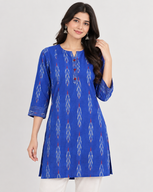 Handwoven Blue Ikat Short Kurta with Threadwork Detailing