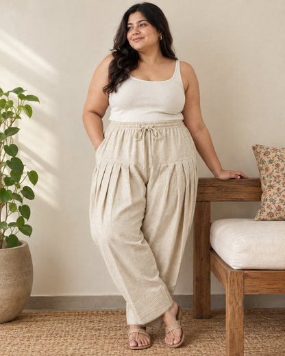 Beige Cotton Linen Pleated Salwar