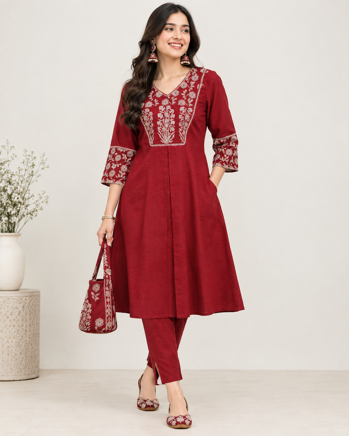 Maroon Linen Handcrafted Patchwork Co-ord Set