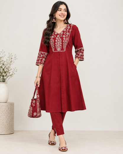 Maroon Linen Handcrafted Patchwork Co-ord Set