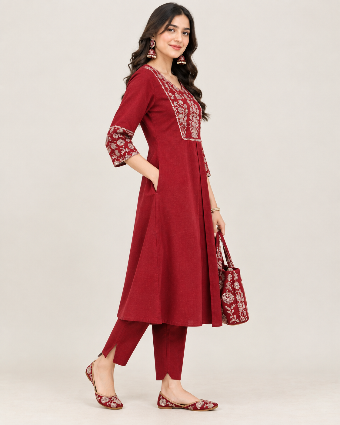 Maroon Linen Handcrafted Patchwork Co-ord Set